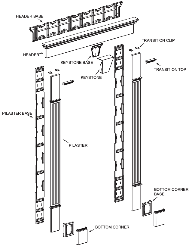 diagram showing all different parts of door surround pilasters and header