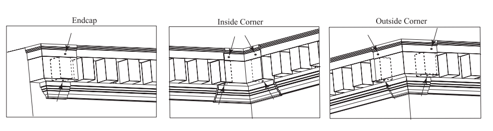 diagram with arrows to show screws hole placement on end cap, inside and outside corners