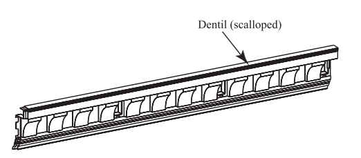 diagram of scalloped tooth dentil trim with arrow pointing to edge