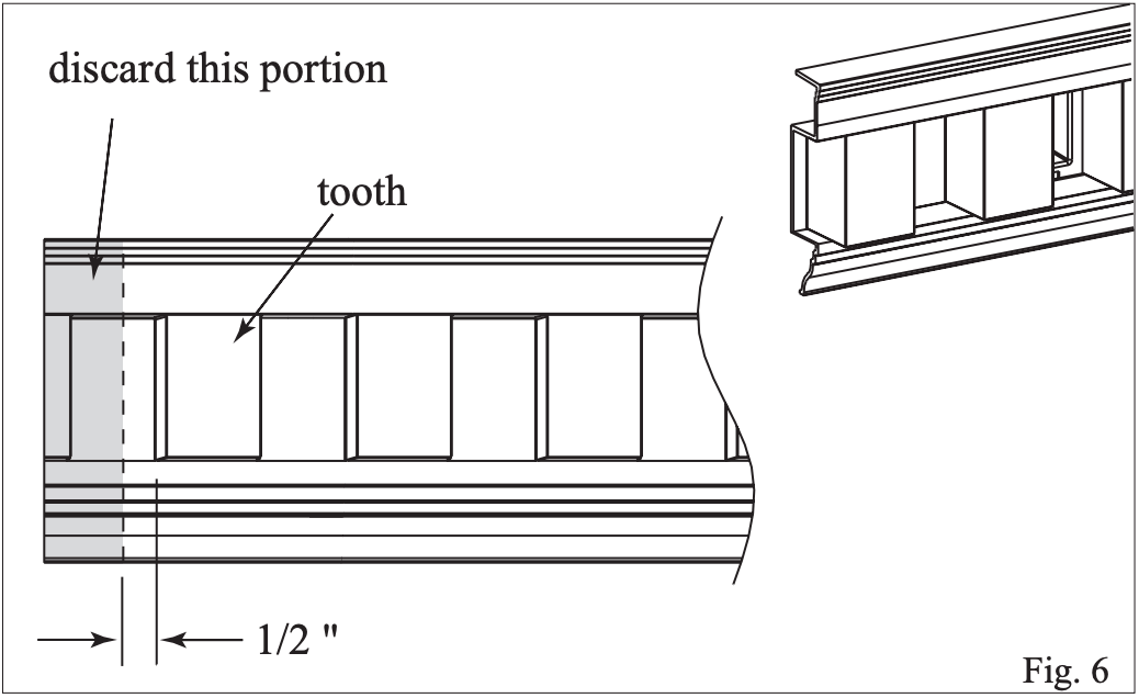 diagram indicating where to cut dentil trim with half inch indicator