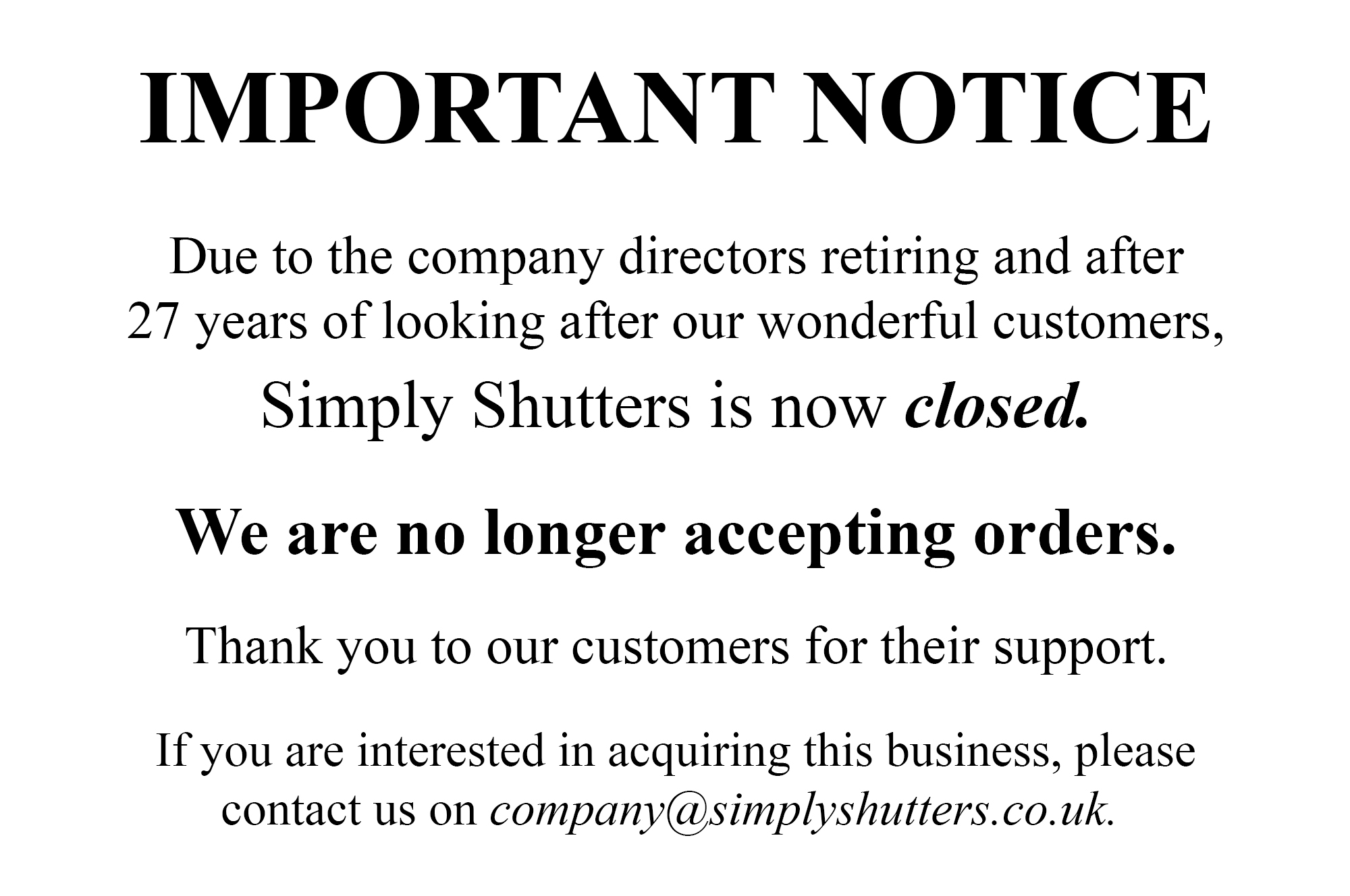 Important Notice - Simply Shutters Closure