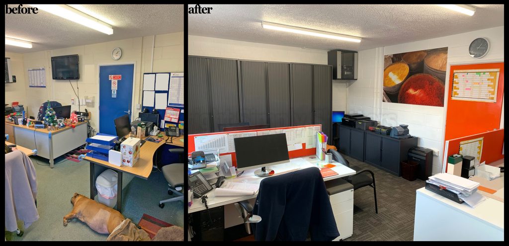 before and after image of decorated office