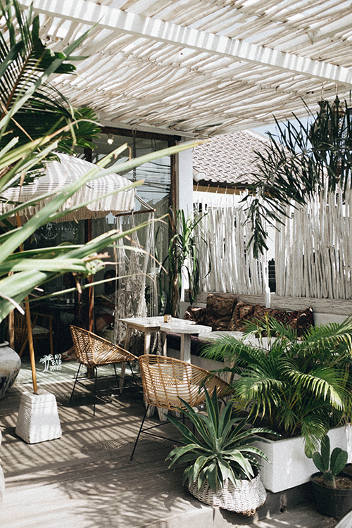 covered garden area with wicker chairs and tropical plants 