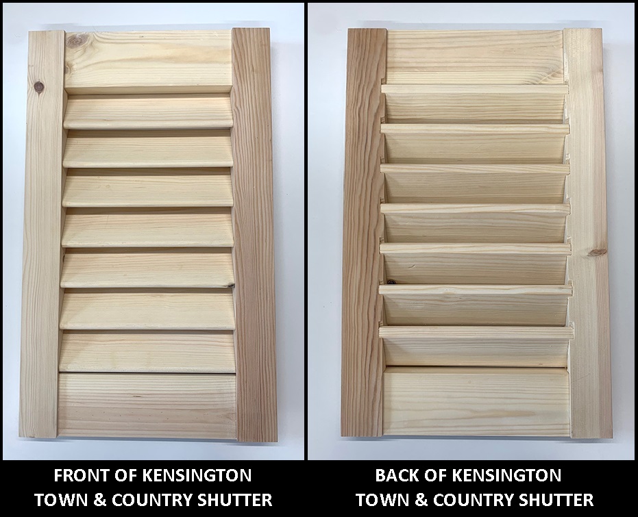 Front and back of a Town & Country Redwood shutter in style - The Kensington. 