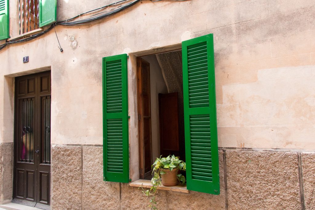 Open external green shutters on a window with a plant pot on the sill. 
