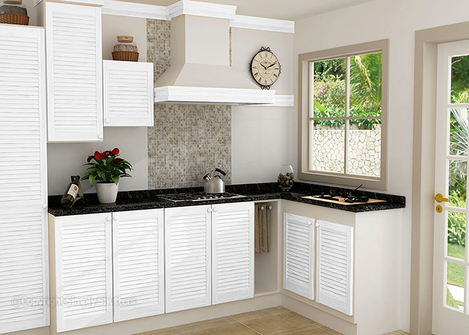 Kitchen with white louvre door cupboard fronts 